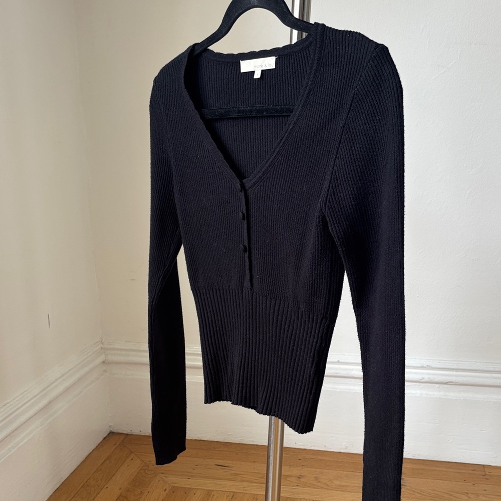 Black Ribbed V-Neck Sweater - Picture 3 of 4